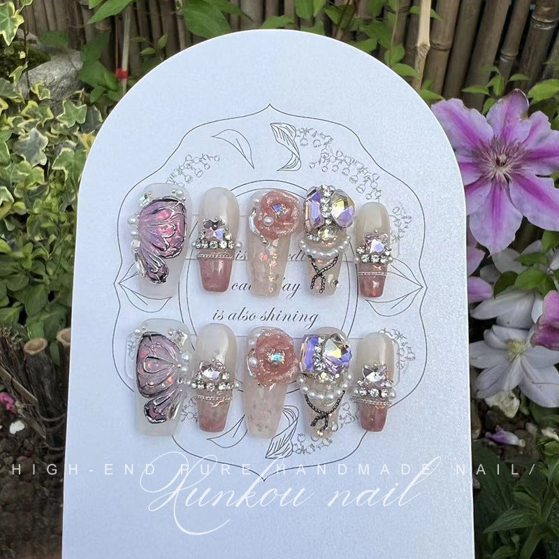 (Hand-Made Nail) Painted Pink Three-Dimensional Gradient Butterfly Handmade Wear Armor Finished Detachable Flash Aurora Diamond in the Debris Bride
