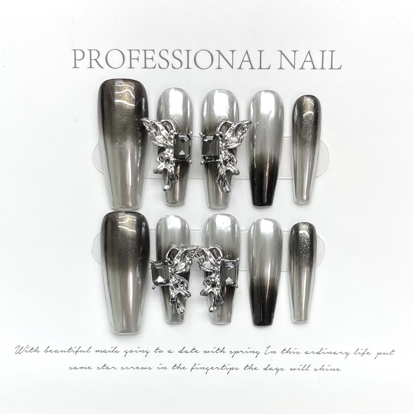 (reusable nail)[Original Real Shot] Silver Black Aurora Gradient Butterfly Angel Taboo Love Nail Sticker Wearable and Detachable