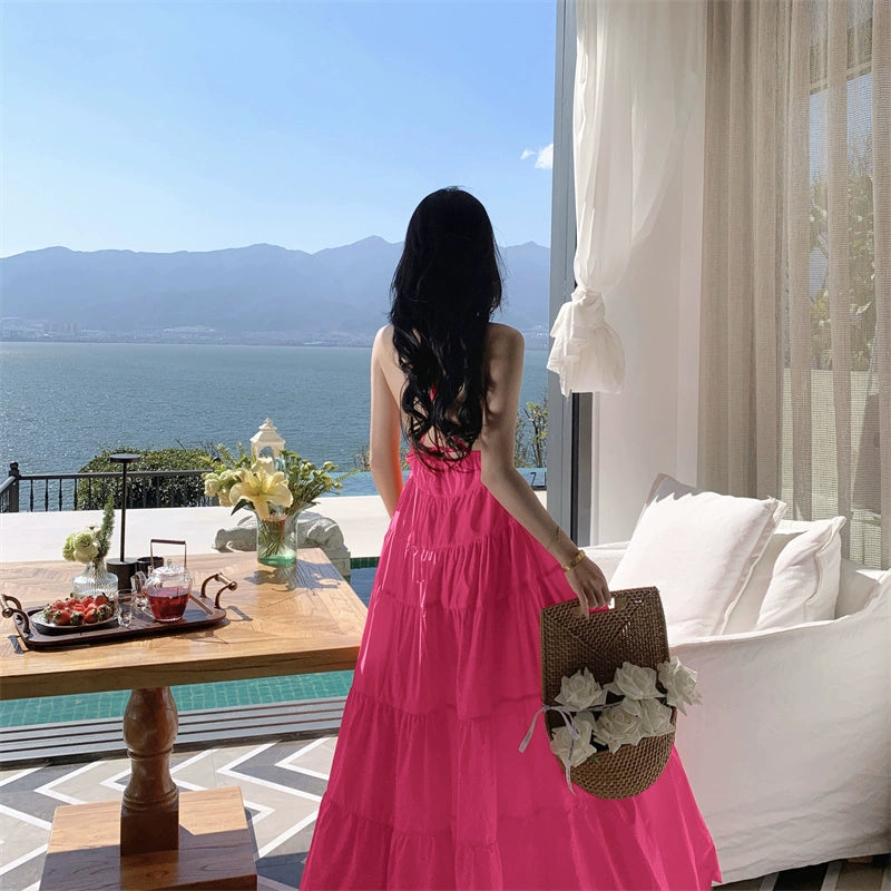 Fashion women's wear Yunnan Travel Photography Fairy Dress Orange Deep V-neck Backless Sling Dress Sanya Seaside Beach Skirt Female