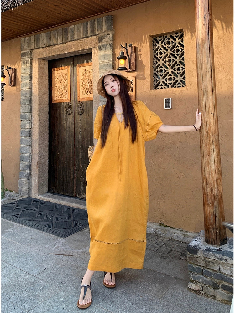 Dopamine dress Free shipping Tattoo Dopamine Lantern Sleeve Dress Women's Autumn New Loose V-Neck Lace-Up Lazy Style Chic Over Knee Long Skirt