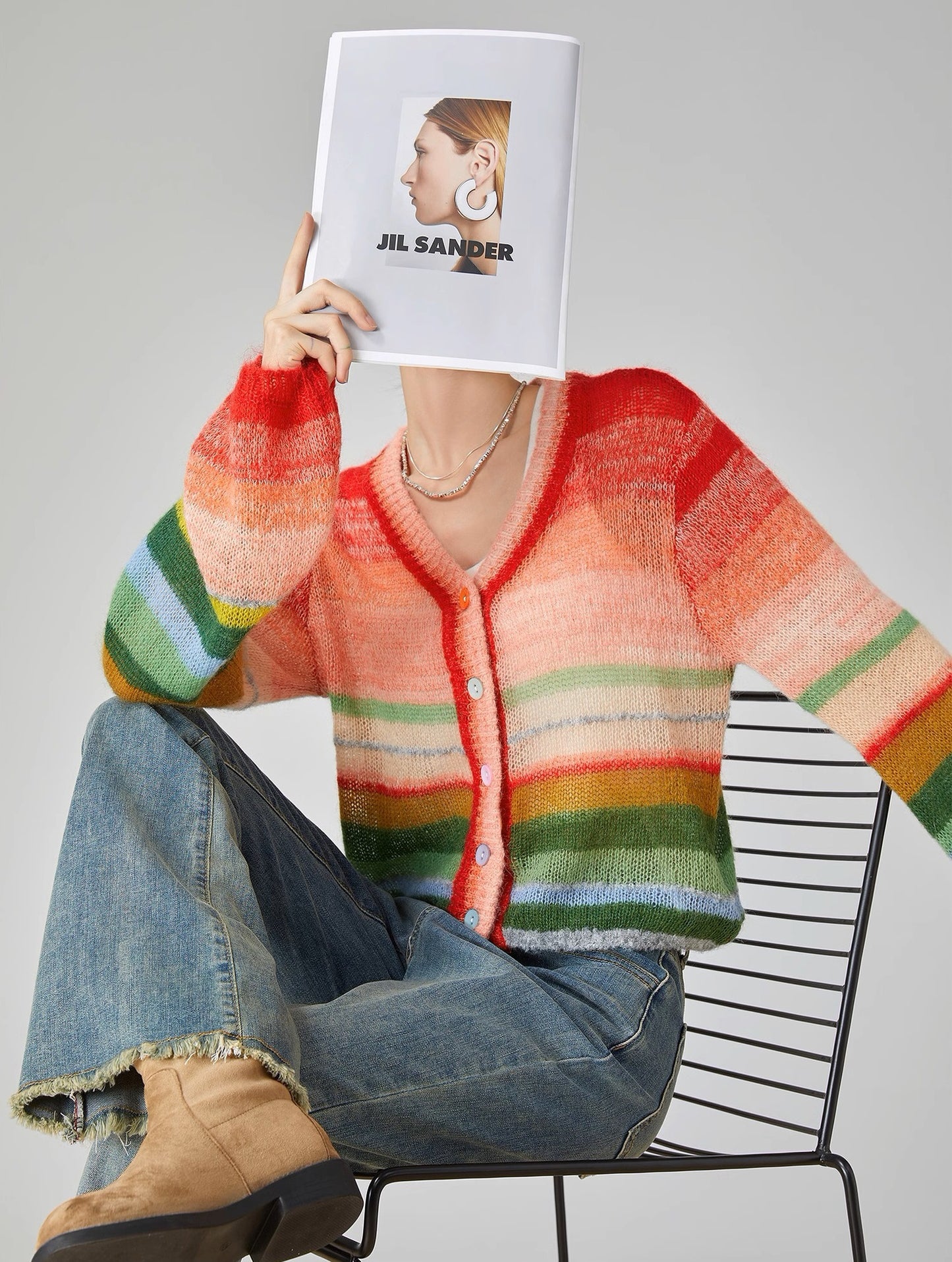 Dopamine tops Free shipping Tattoo Rainbow contrasting mohair striped knitted sweater women's thin 2024 spring and autumn new dopamine outer cardigan top
