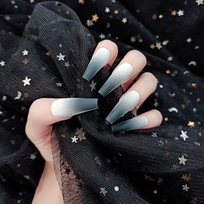 (Hand-made nail) Spice girl Europe and America, dark and long manicure nail, ballet nail, flat head, white, fake nails, wearing beautiful patch, finished product.