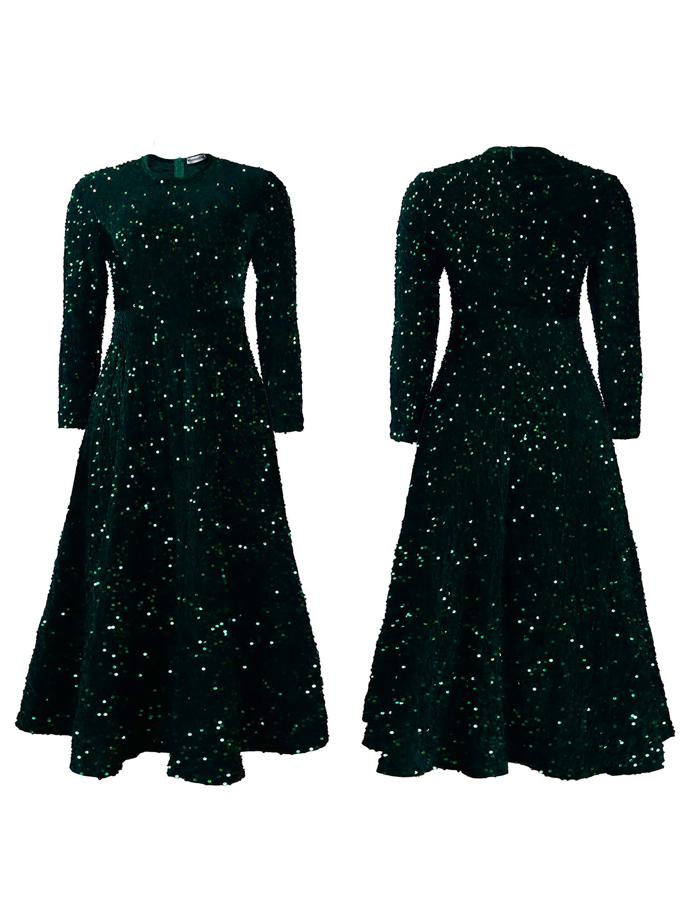 Fashion women's wear D469 Cross-Border New Arrival Women's round Neck Long Sleeve Pure Color Sequins High Waist Temperament Mid-Length Formal Dress European and American Style Dress