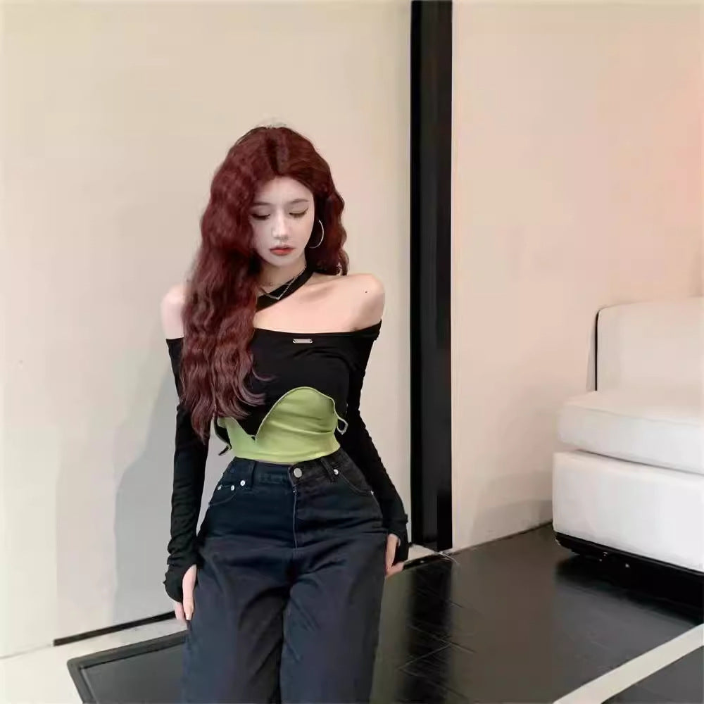 Free shipping   Cool girls and hot girls wear sweet and spicy tops ins jazz girl group pure desire style slim T-shirt women's clothing design sense niche tops