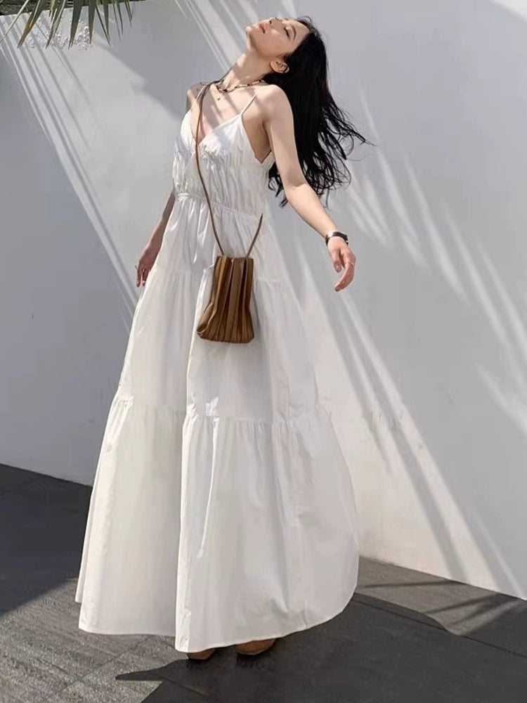 Fashion women's wear Tea Break French First Love White Suspender Dress Children Summer 2024 New Holiday High Sense Temperament Long Dress