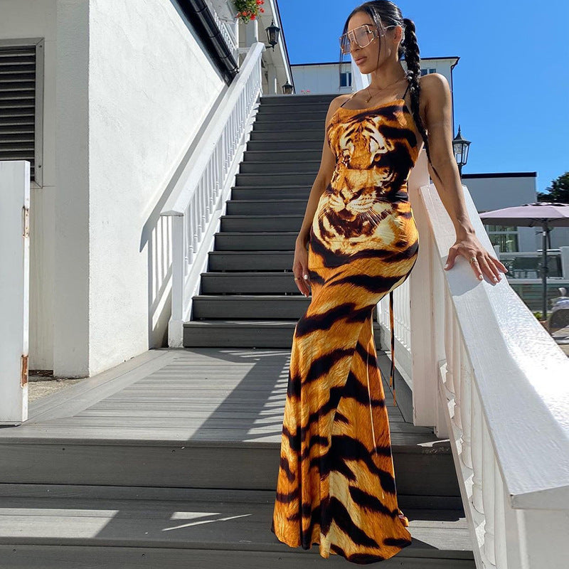 Free shipping  New Sleeveless Suspender Tiger Print Sexy Lace-up Halter Women's Long Dress