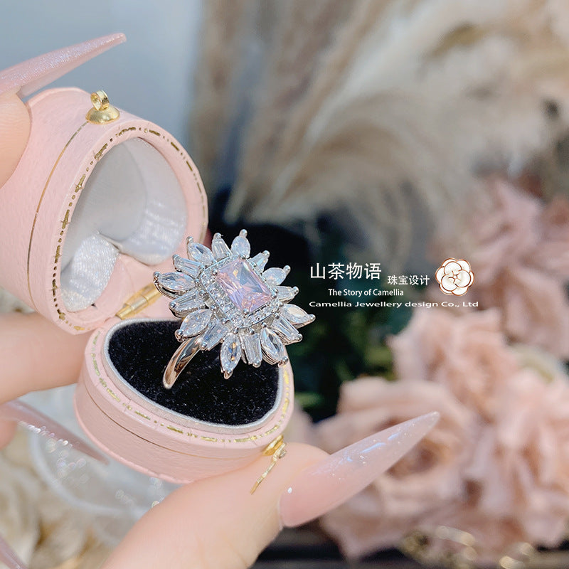 Camellia名缓少女仿帕帕拉恰宝石戒指 彩宝微镶黛粉锆石开口指环