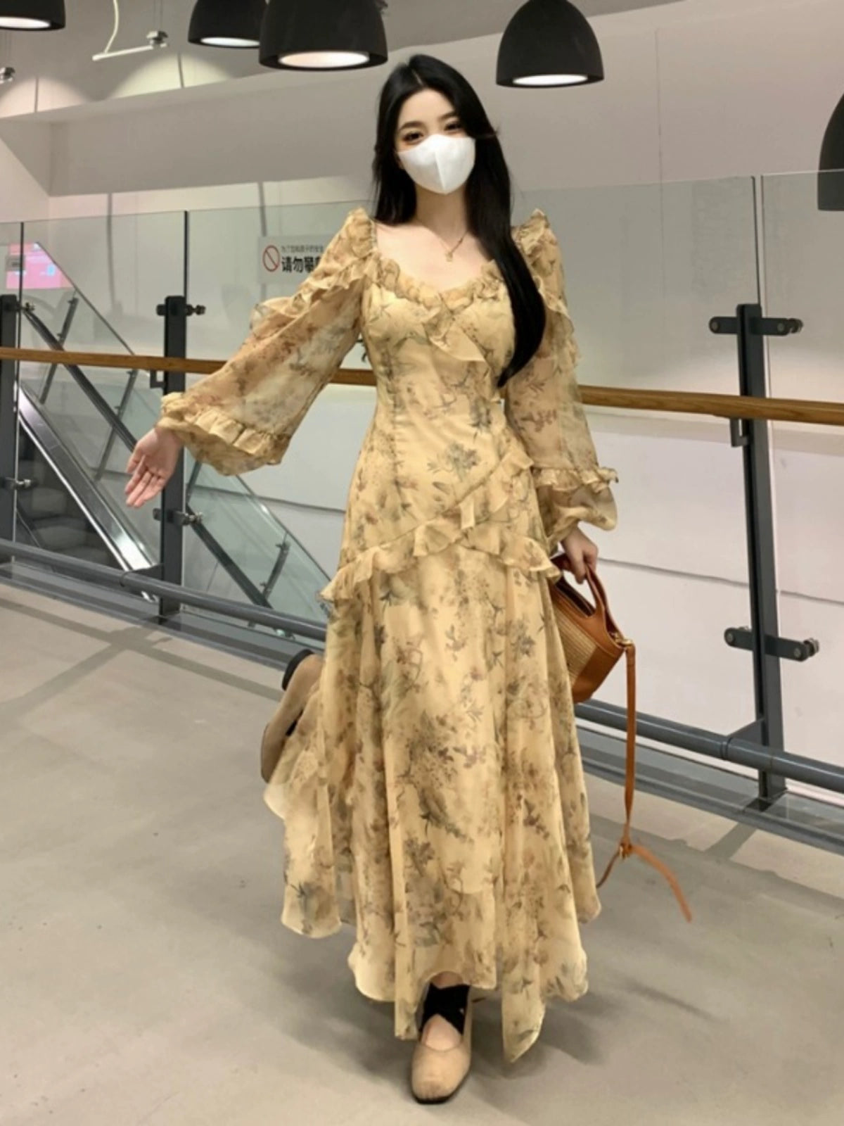 Fashion women's wear French Style Beautiful Yellow Floral Dress Spring plus Size Plump Girls Slimming Fairy Long Dress Style Skirt