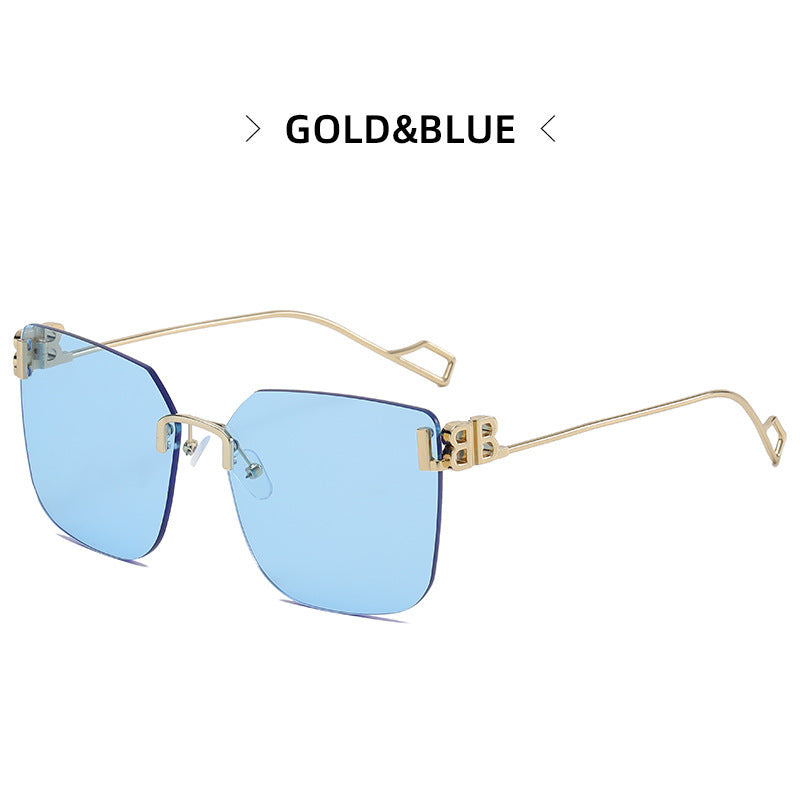 Women's fashion glasses 2022新款跨境B家无框切边太阳镜女时尚网红金属大框墨镜太阳眼镜