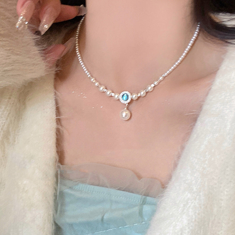 海宝蓝珍珠毛衣项链女士秋冬轻奢小众设计配饰复古高级感饰品批发