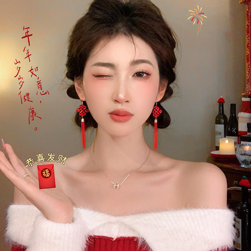 镶钻锆石中国结流苏耳扣过年喜庆百搭耳环新年高级感气质耳饰批发