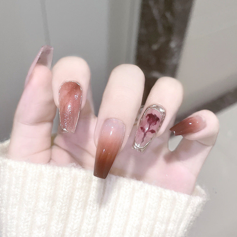 秋意玫瑰穿戴甲晕染指甲贴片渐变美甲片金属假指甲美甲贴片成品甲