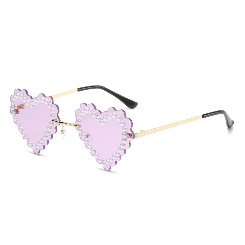 Women's fashion glasses 欧美新款无框切边镶珍珠爱心太阳镜网红街拍墨镜跨境水钻潮眼镜