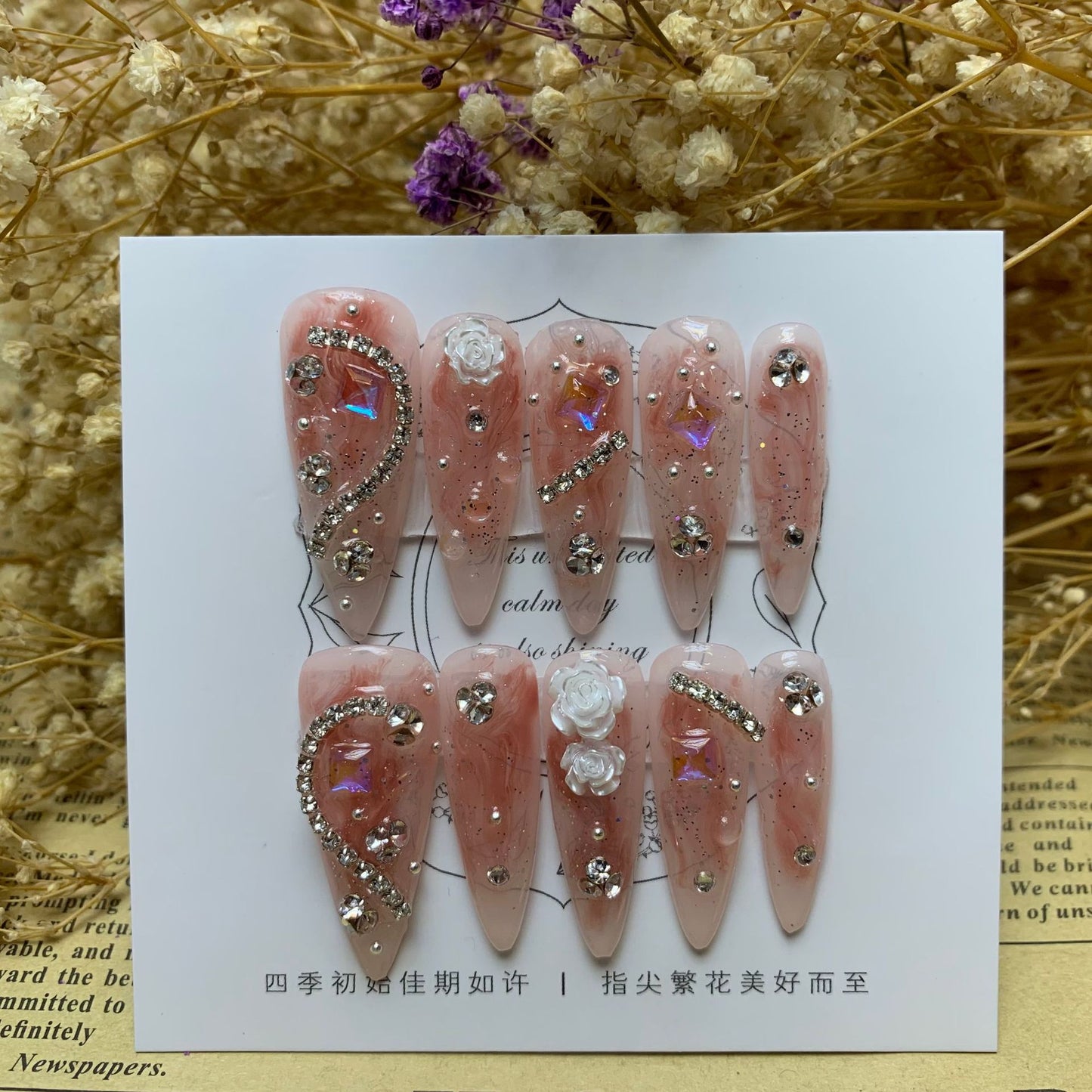 (Hand-Made Nail) 333 Handmade Phototherapy Wear Nail Almond Nail Full Diamond Camellia Wear Nail Finished Product Repeated Use Nail Art