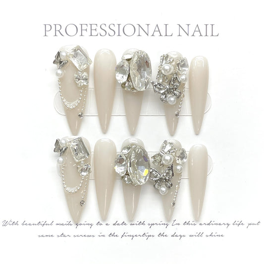 (Hand-Made Nail) Big Diamond Flash Full Diamond Nail Pigeon Bridal Wedding Nail High-Grade Light Luxury Egg Handmade Wear Nail Factory Straight Hair