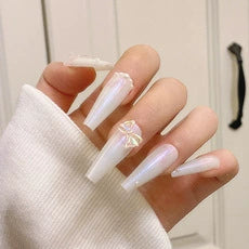 (Hand-made nail) Spice girl Europe and America, dark and long manicure nail, ballet nail, flat head, white, fake nails, wearing beautiful patch, finished product.