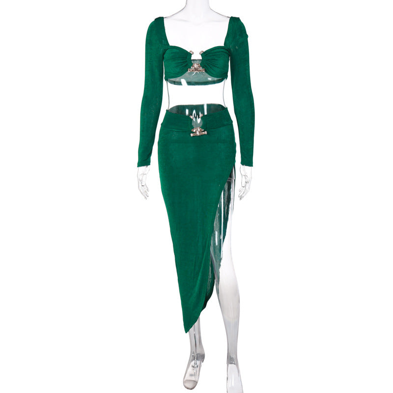 Fashion women's wear  Women's Clothing New Tube Top Open Navel Backless Top Sexy Slit Sheath Skirt Two-Piece Set