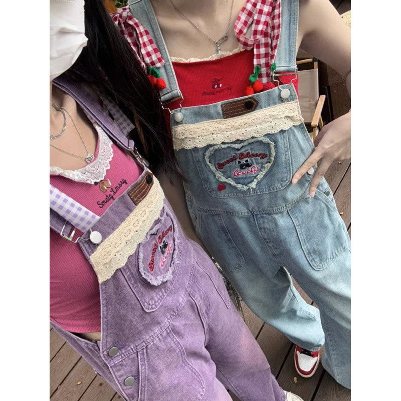 Dopamine pants Free shipping Tattoo Dopamine Denim Overalls Women's Autumn Korean Edition Loose and Cute Student Age Reduction Small Straight Jumpsuit