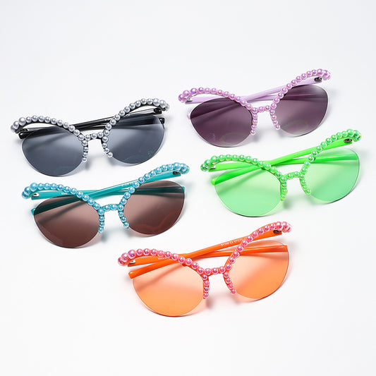 Women's fashion glasses 2023欧美异形框蜻蜓镶钻墨镜潮流水晶珍珠太阳眼镜户外防晒显瘦女