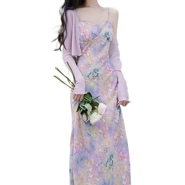 Dopamine dress Free shipping Tattoo S summer dopamine a whole set of gentle purple suit French sweet suspender dress floral long dress