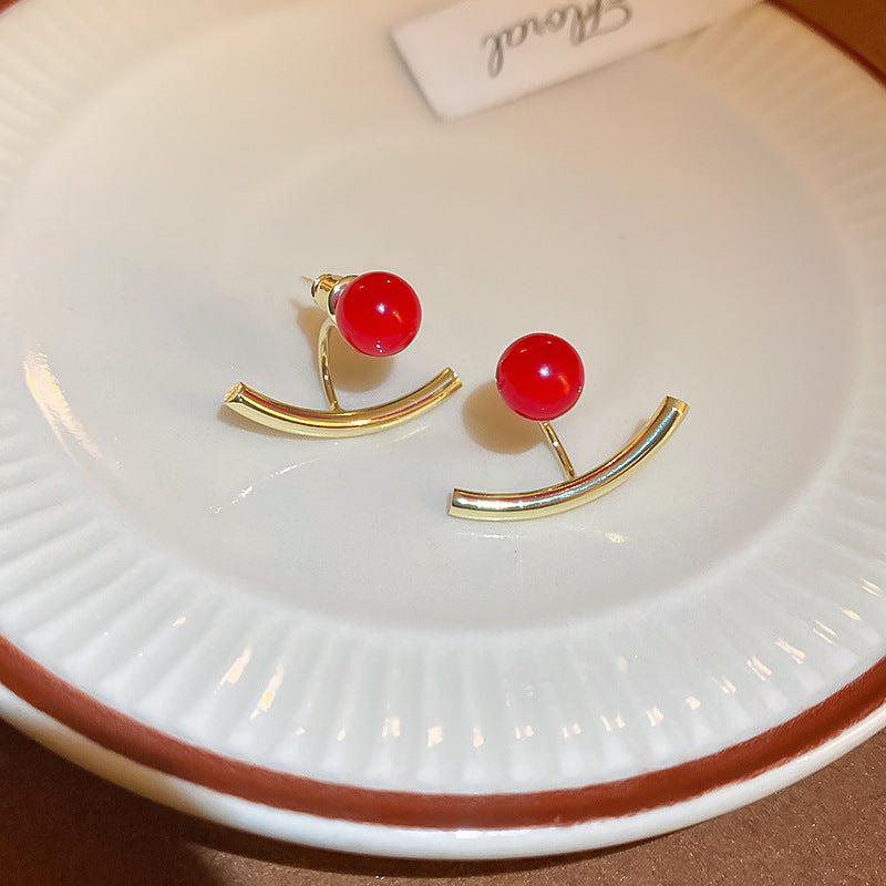 银针锆石花朵珍珠耳环新年轻奢高级感耳钉复古气质红色耳饰批发女