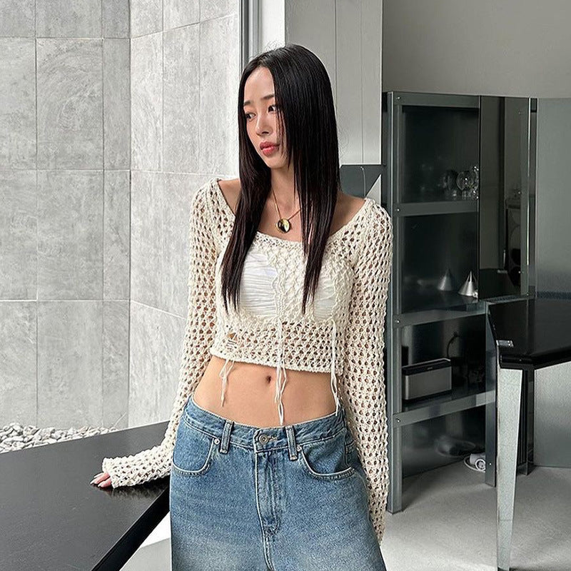 Fashion women's wear  Women's Clothing 2024 New Woolen Blouse Broken Hole Design Sexy Hot Girl Style Short Long Sleeve Top Wholesale