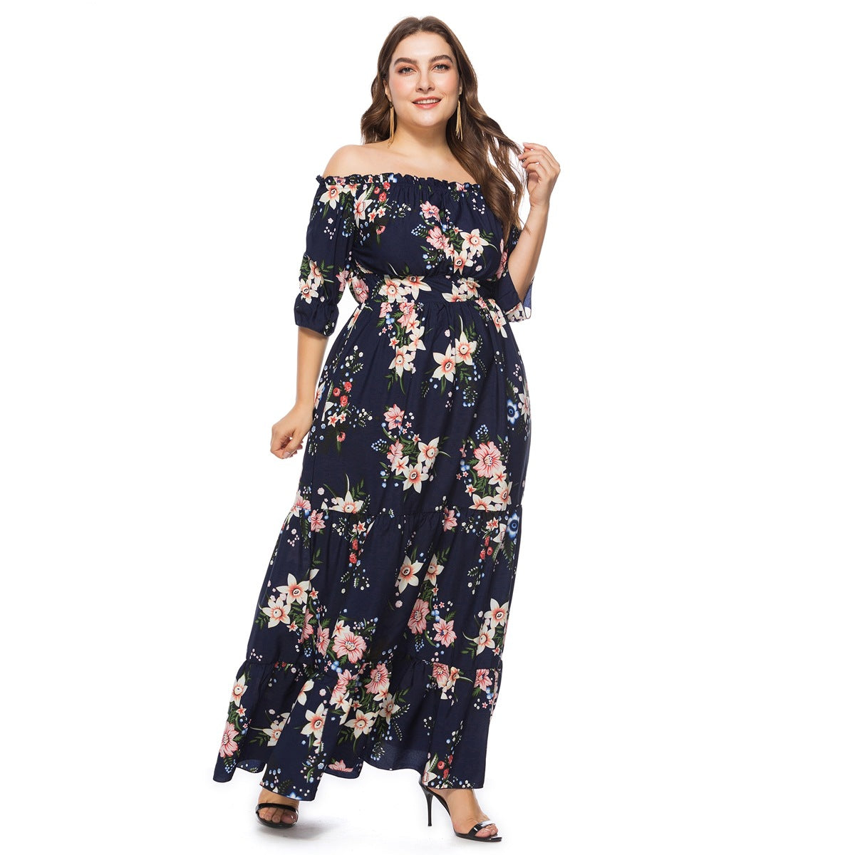 Fashion women's wear 2024   plus Size Women's Clothes Summer Popular off-Neck Plump Girls Bohemian Beach Dress Sq0095b