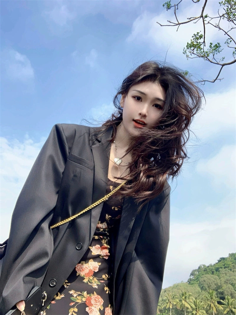 Fashion women's wear Tea Break French Floral Strap Dress Women's Summer Small Flounced Sleeve Tight Waist Fishtail Hip Skirt Seaside Holiday Beach Skirt