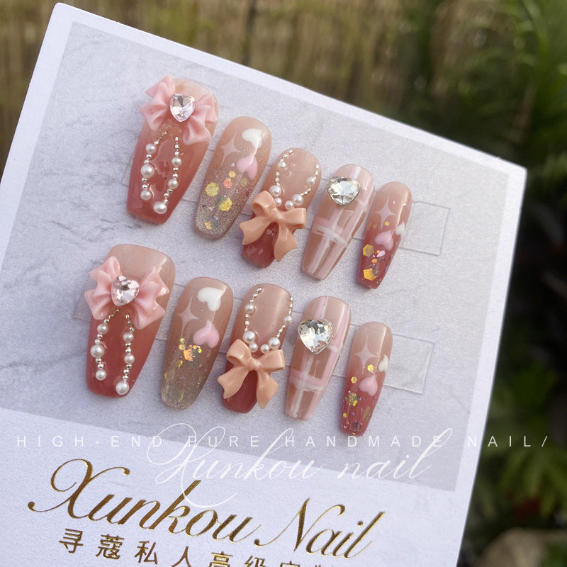 (Hand-Made Nail) Gentle Blush Pure Desire Bow Ice Transparent Bridal Pearl Heart Handmade Wear Nail Finished Detachable Beauty