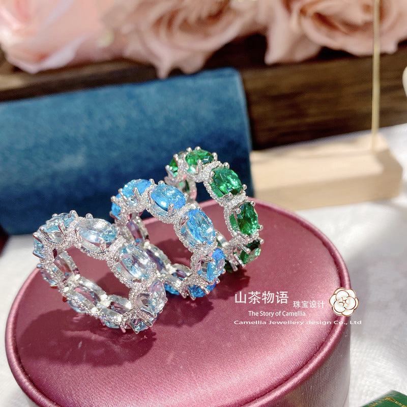 Camellia新款欧美微镶满钻海蓝排戒 星河公主蕾丝花边海蓝宝戒指