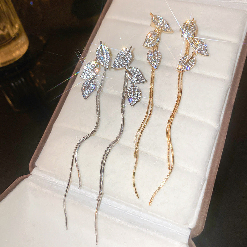 银针镶钻金属树叶流苏耳环欧美小众设计感耳钉高级感百搭耳饰批发