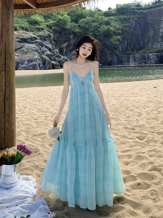 Fashion women's wear Tea Break French Blue Halter Spaghetti Straps Dress Women's Elegant Backless Seaside Holiday Beach Dress Long Skirt