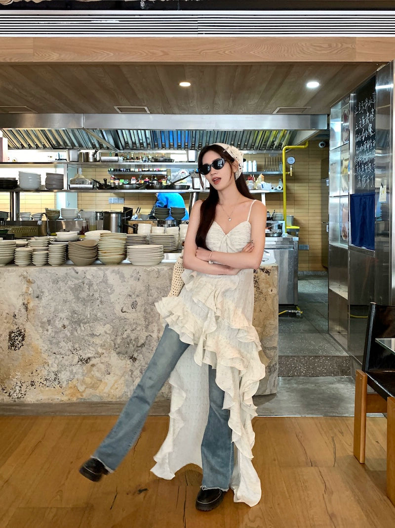 Fashion women's wear Tea Break French Irregular Ruffled Floral Strap Dress Women's Summer High-Grade Sense Beautiful Seaside Vacation Dress
