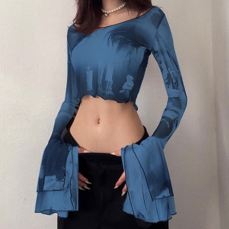 Fashion women's wear Q22tp146 Summer New 2024 Printed round Neck Pullover Horn Long Sleeves Cropped Casual   Women's Clothing Top