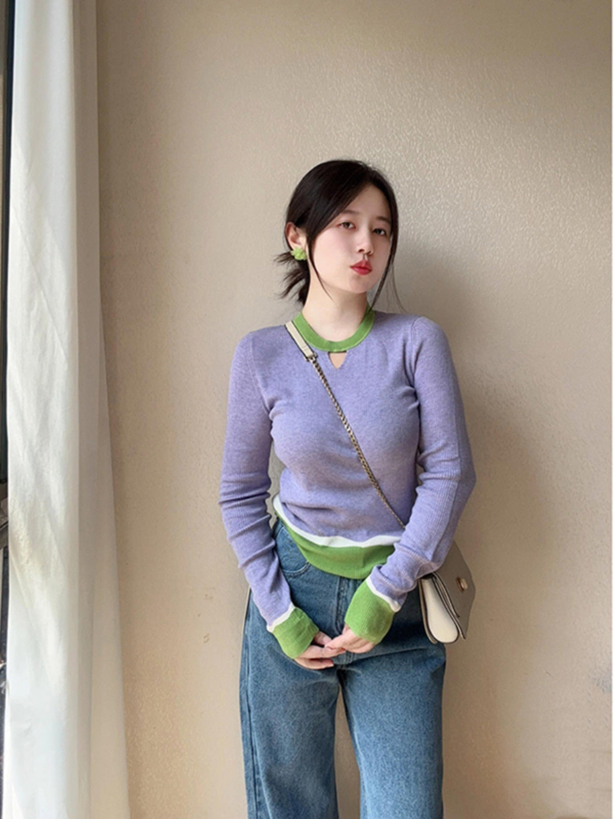 Dopamine tops Free shipping Tattoo Purple contrasting color dopamine wear temperament bottoming shirt knitted sweater women's autumn and winter inner wear foreign style age-reducing slim-fit top