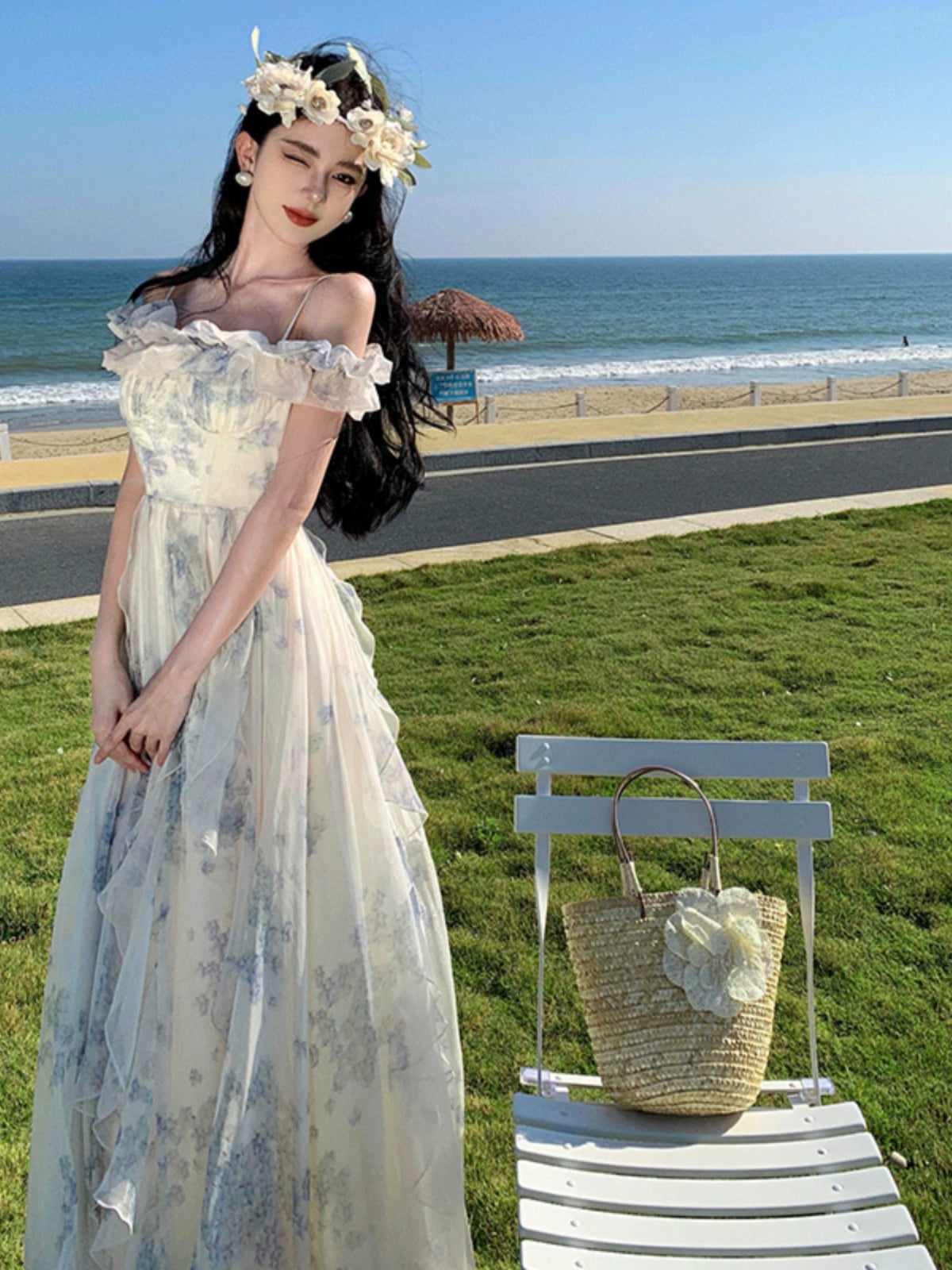 Fashion women's wear Seaside Vacation Style Suspender Skirt Yarn French Ruffled Beach Dress Atmosphere Long Skirt Elegant Fairy Style