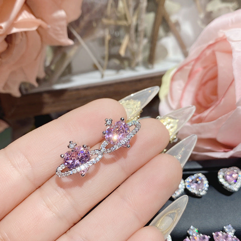 山茶璀璨粉宝石爱心耳饰 设计师镀18K金高定轻奢款蝴蝶结锆石耳钉