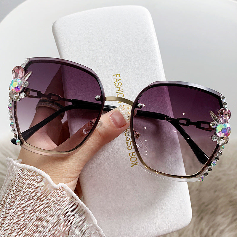 Women's fashion glasses 2022欧美新款大框切边水钻太阳镜眼镜大脸显瘦镶钻墨镜女防紫外线