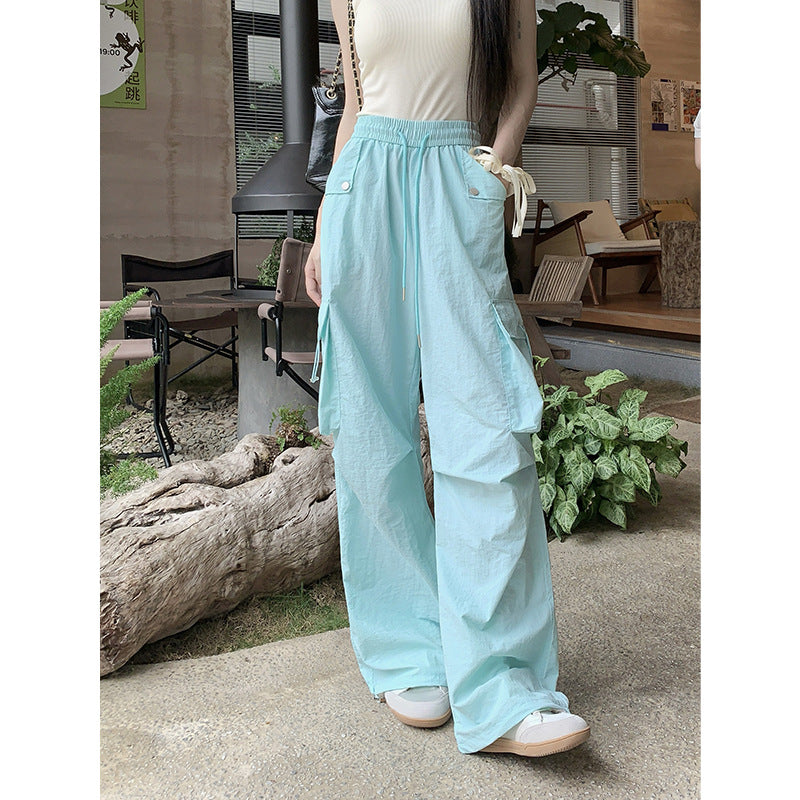 Dopamine pants Free shipping Tattoo Dopamine blue overalls women's summer American drawstring elastic waist casual pants sports tied feet wide-leg trousers