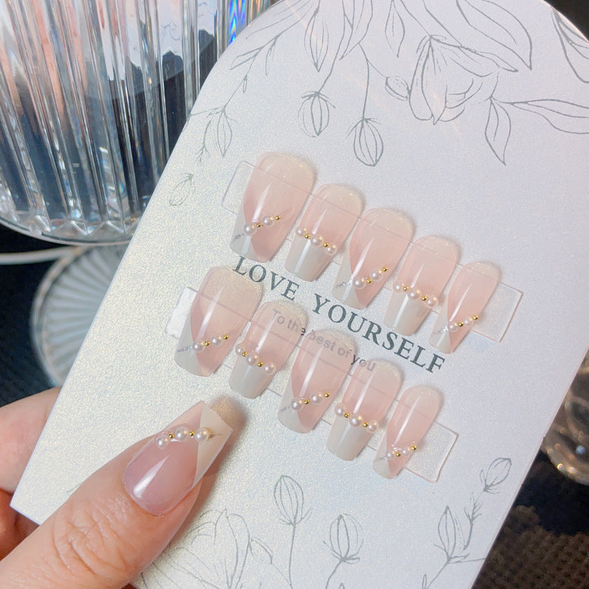 Fashion  nail New Fresh Sweet French Pearl Nail Beauty Patch Fake Nails Fresh Handmade Wear Nail Wholesale A28
