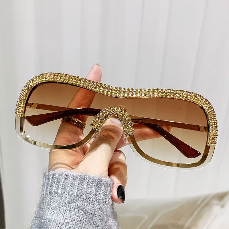 Women's fashion glasses 跨境新款镶钻太阳眼镜酷炫连体金属边朋克墨镜男欧美个性女搞怪