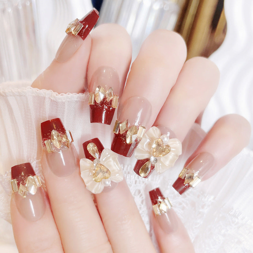 Fashion  nail New Year Manicure Wear Nail Ins Advanced Pure Desire Wind Nail Patch Finished Product Wear Nail Rhinestone Bow U23