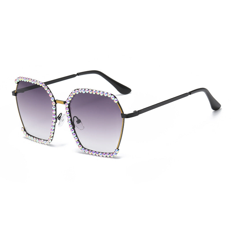 Women's fashion glasses 跨境新欧美镶钻大框太阳镜女高级感复古茶色墨镜显瘦韩版防晒眼镜
