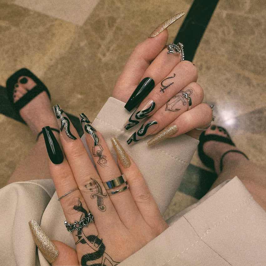 Fashion  nail Wearable Fake Nails Pattern Glitter Manicure European and American Nail Nail Sticker Finished Detachable Nail Tip Patch Ballet Nail