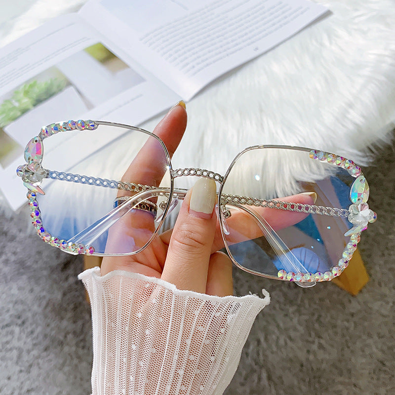 Women's fashion glasses 2024 无框镶钻女韩版潮防紫外线墨镜女素颜神器显脸小太阳镜2022新款