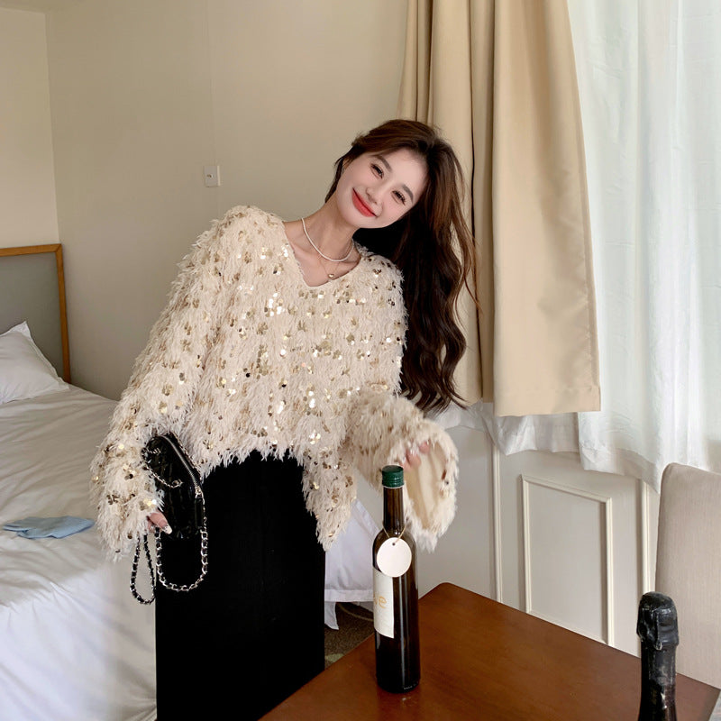 Fashion women's wear Real Shot Shiny Annual Meeting Festival Atmosphere Handmade Sequined Feather V-neck Sweater Spring Inner Wear Sweet Dress