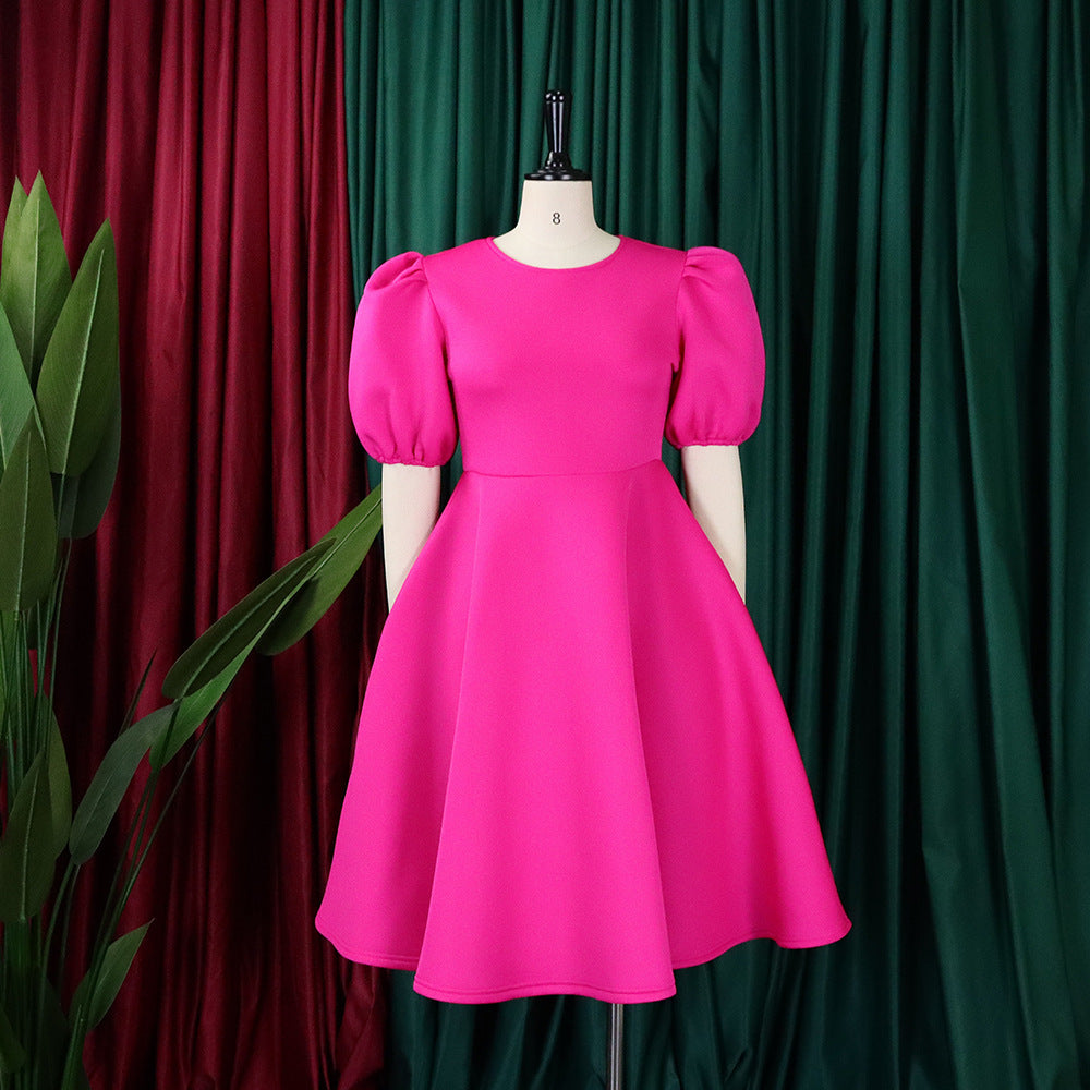 Fashion women's wear Cross-Border European and American Amazon Summer round Neck Graceful Puff Sleeve Waist-Controlled Large Hem Elegant A- line Foreign Trade Dress