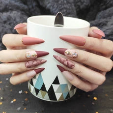 (Hand-made nail) Spice girl Europe and America, dark and long manicure nail, ballet nail, flat head, white, fake nails, wearing beautiful patch, finished product.