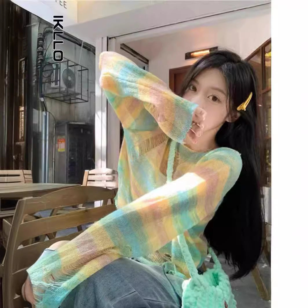 Dopamine tops Free shipping Tattoo Dopamine suction rainbow striped long-sleeved t-shirt women's early spring niche ripped design knitted sweater short top