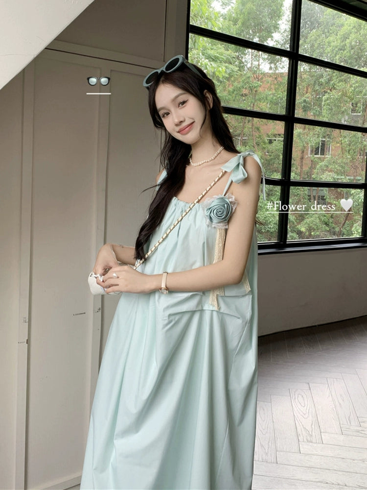 Fashion women's wear Mint Mambo Style French Strap Dress Female Early Spring and Summer Elegant High Sense Sanya Seaside Vacation Long Dress